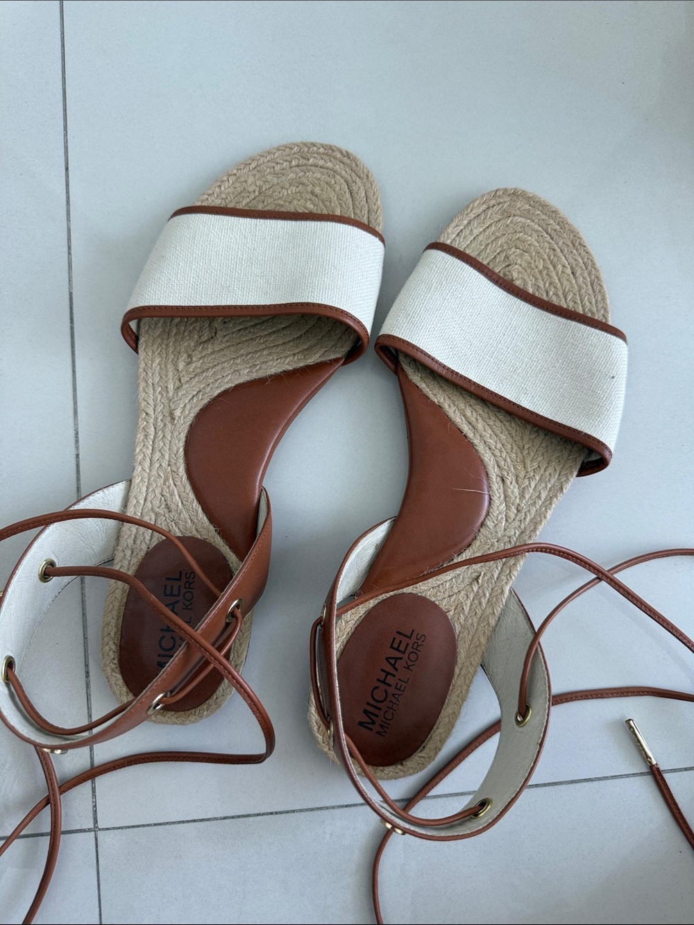 Michael Kors Cream and Brown Espadrille Lace-Up Sandals